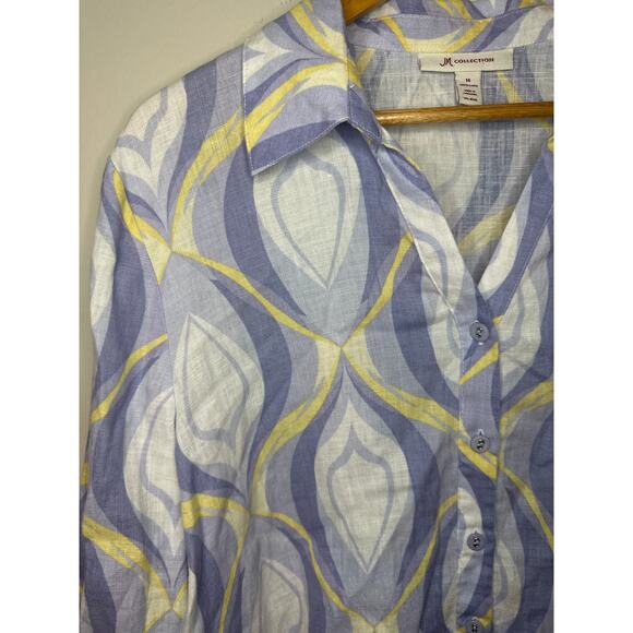 JM Collection Linen Shirt Purple Button Collar Long Roll Sleeve V-Neck Sz 14 - Picture 2 of 8